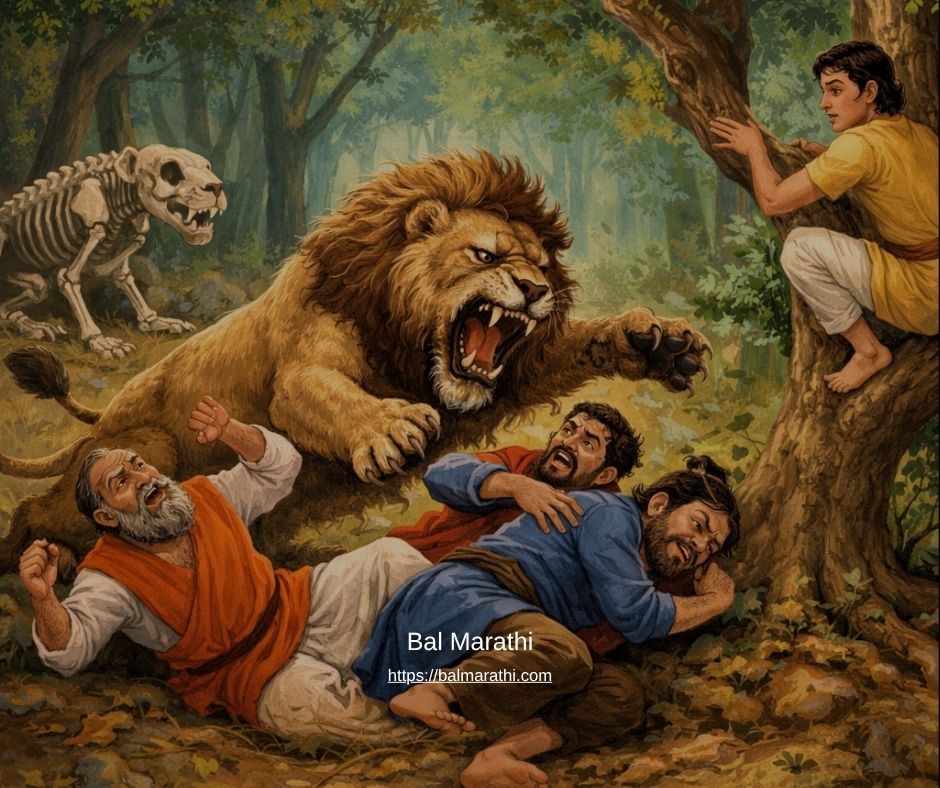 चार विद्वान ब्राह्मण आणि मेलेला सिंह