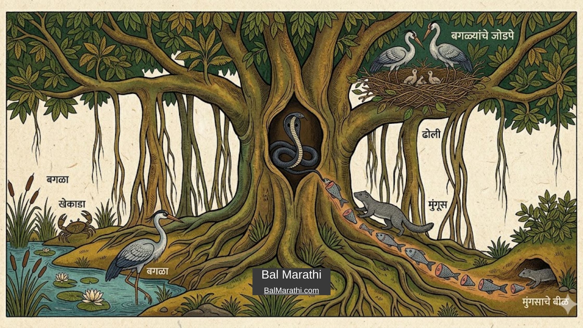 बगळा, साप आणि मुंगूस