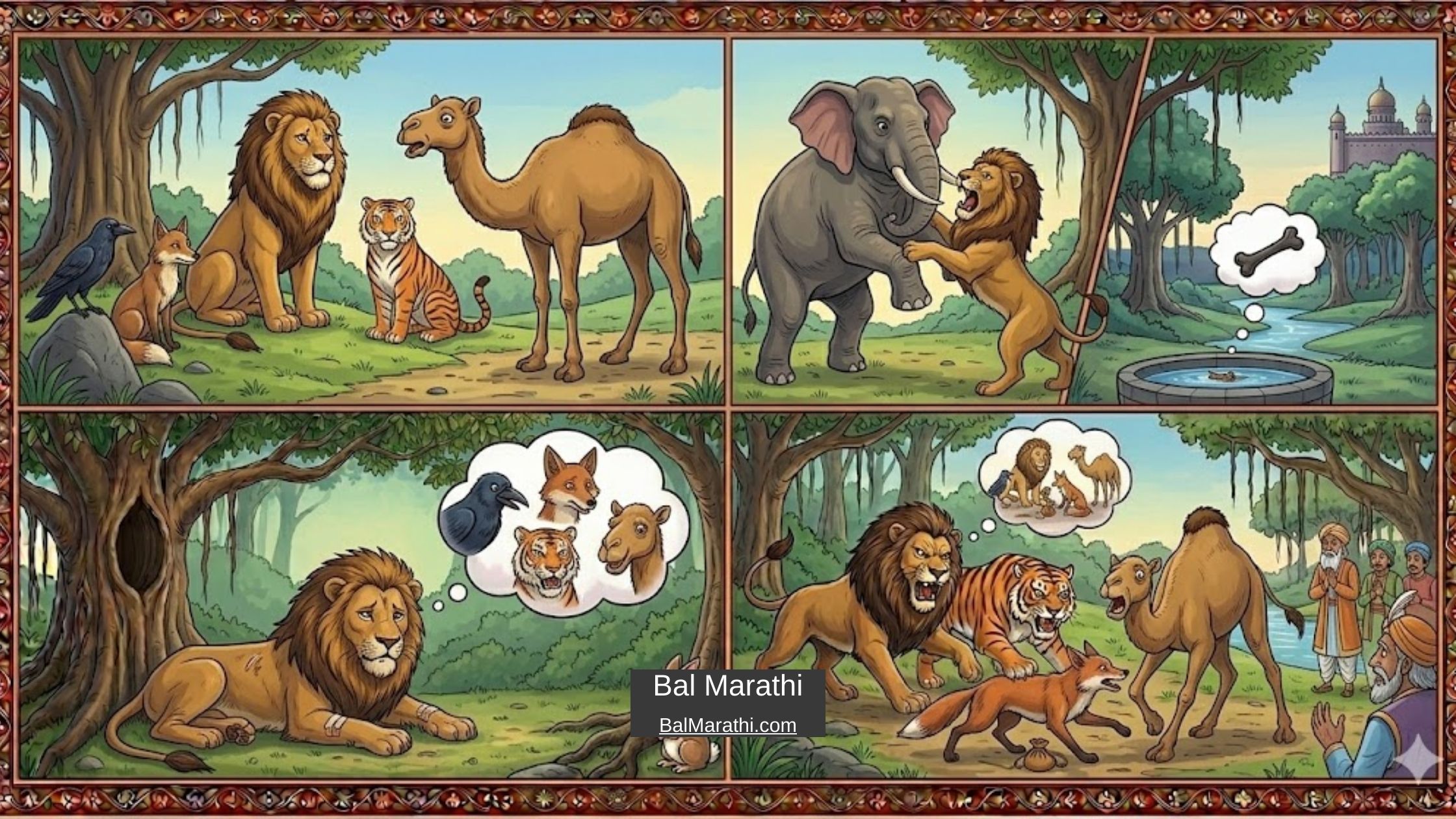 सिंह, उंट, कावळा आणि कोल्हा