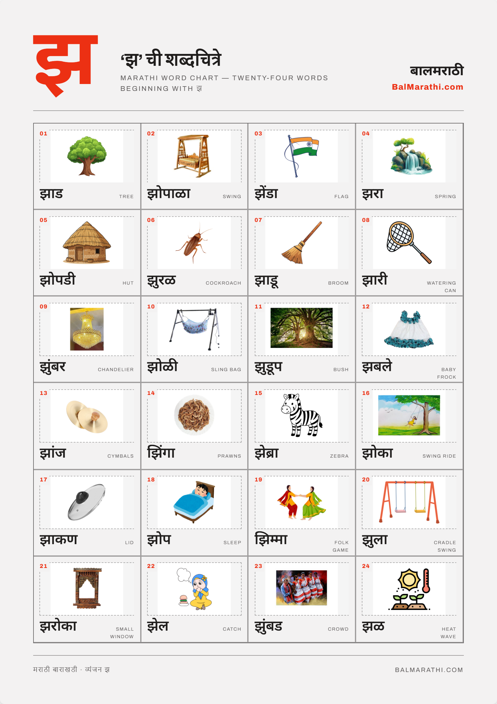 Marathi jha word chart for kids — words starting with झ