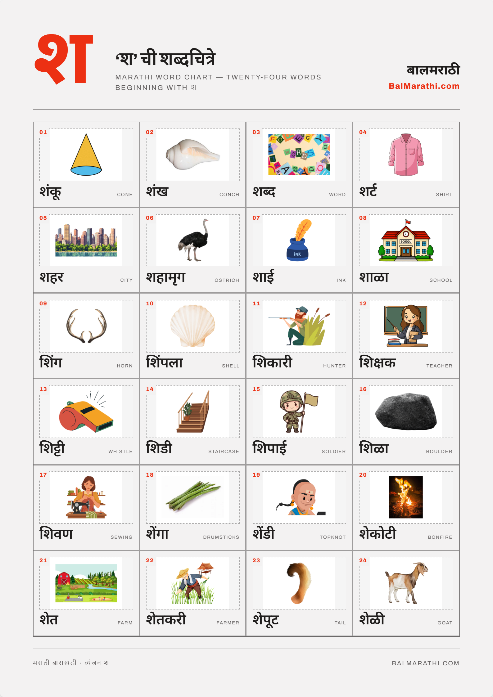 Marathi sha word chart for kids — words starting with श